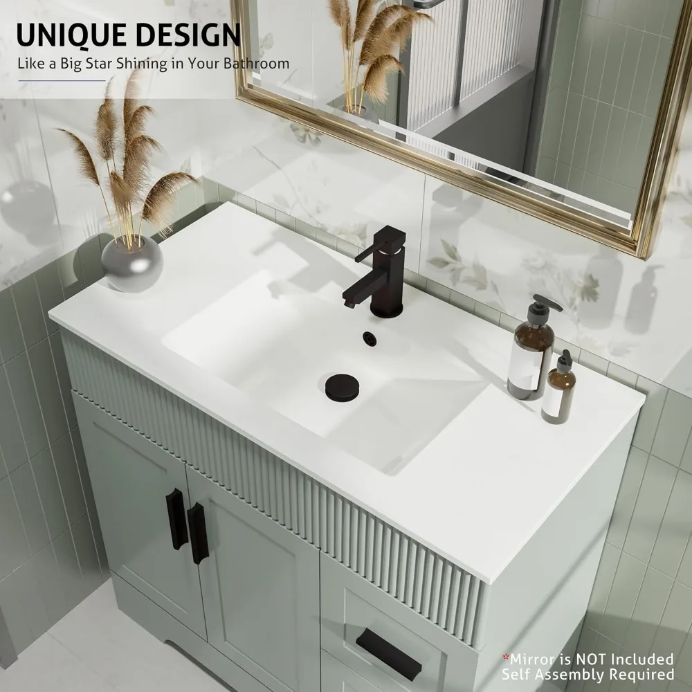 36" Bathroom Vanities Sink Combo Set, Modern Cabinet w/Wave Lines, Undermount Ceramic Sink w/Matte Black Faucet Drain 4