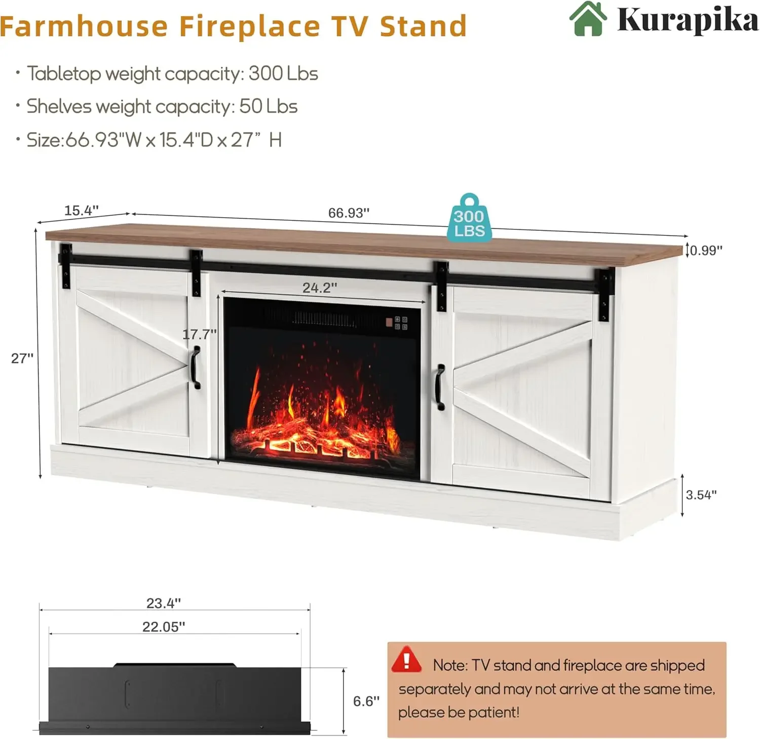 Description Picture 4 of itemKurapika Fireplace TV Stand for up to 75" TV, Farmhouse Entertainment Center with 24" Fireplace, 67" Media Console Cabinets for