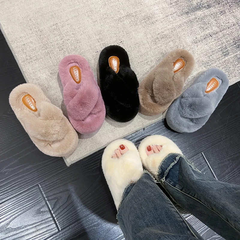 2023 New Autumn and winter fashion cross fluffy slippers heel 7CM women's indoor and outdoor one word flat cotton slippers ATD23
