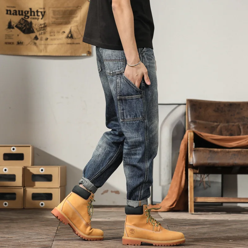 Pantalon Cargo en Denim pour homme, Style Safari, multi-poches, délavé, rétro, papa, haute qualité, décontracté, en coton, automne et hiver_voghion.com