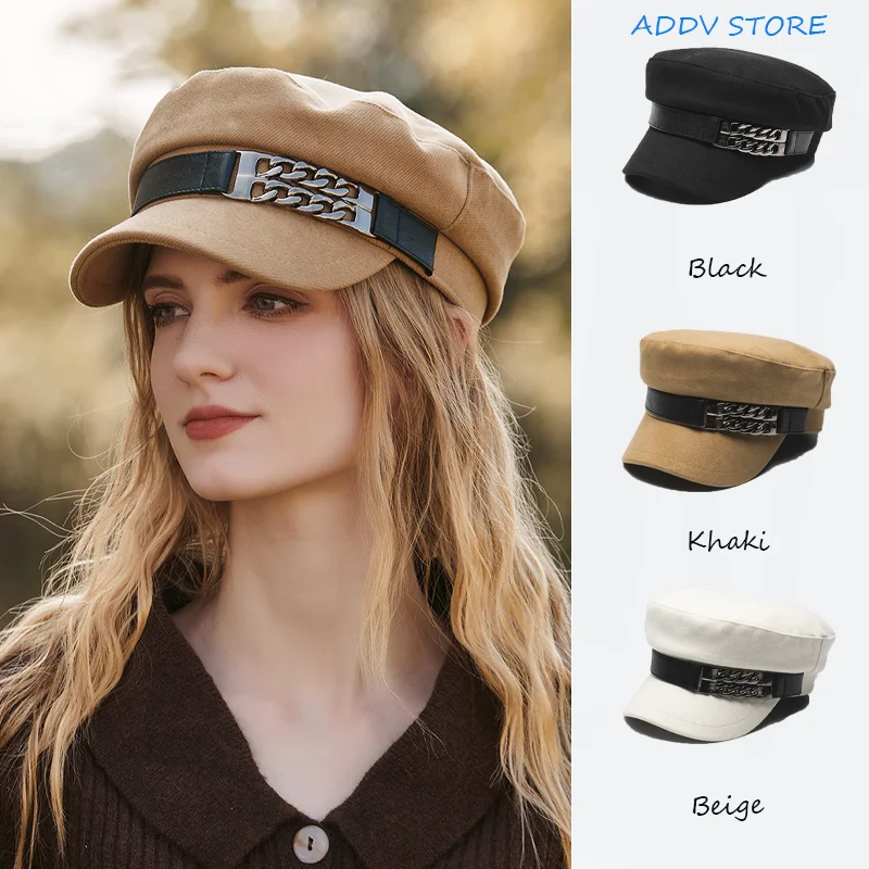 

European and American Fashion Woolen Chain Hat Japanese Retro Belt Short Brim Newsboy Hat Winter Lady's Beret Hat