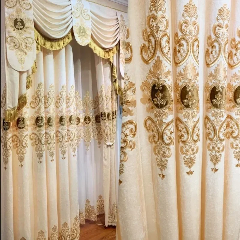 

European Champagne Chenille Curtain for Living Room Bedroom Gold Embroidered Luxury Fabric Window velvet Decor Hall Custom Tulle