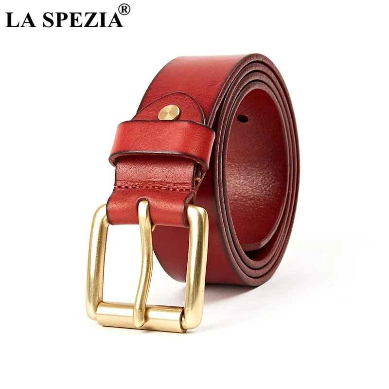 LA SPEZIA Cowskin Leather Belts for Men Casual High Quality Belt Red Pin Buckle Genuine Leather Male Belt Accessories 115cm