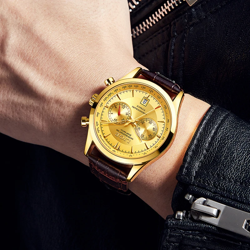 LIGE  Fashion Men Watch Luxury Brand Sport Watch For Men Chronograph Quartz Wristwatch Military Waterproof Leather Band Clock