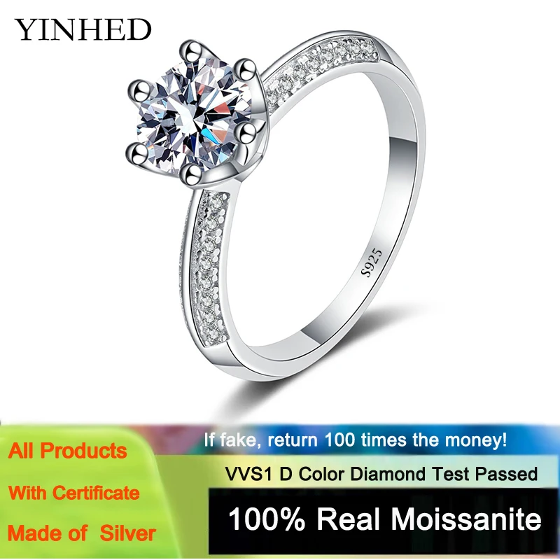 

YINHED Certified 2 Carat Round Diamond Engagement Ring for Women 925 Sterling Silver Bridal Moissanite Rings Wedding Band