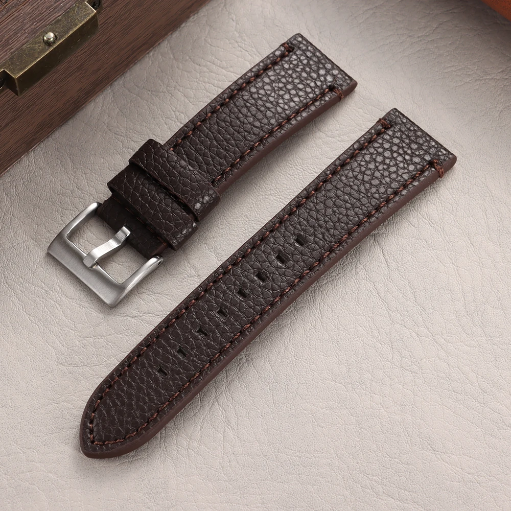 Luxury Lychee Pattern Leather Watch Band - Brown Bracelet with Elegant Stitching