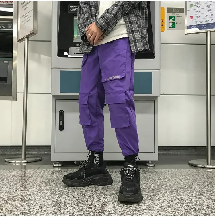 Description Picture 5 of itemFashion Men Streetwear Cargo Pants Mens Trousers Hip Hop Joggers Pockets Purple Men Woman Sweatpants Korean Ankle-Length Pants