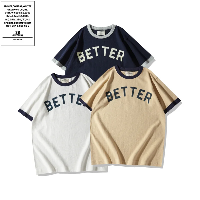 OKONKWO 275g Thick Motorcycle Letter Round Neck T-shirt Color Blocked Thread Heavy Weight TEE Outdoor Riding Sports Half Sleeve