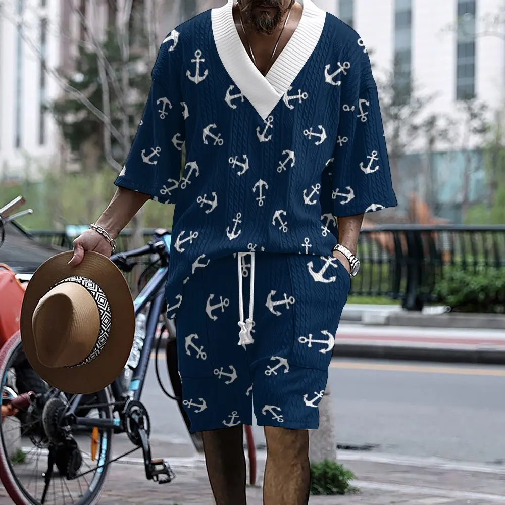

2024 Men's Trendy Printing Casual Set Men's Summer Loose Short sleeved Shorts V-neck Dynamic Set Two piece Set for Men