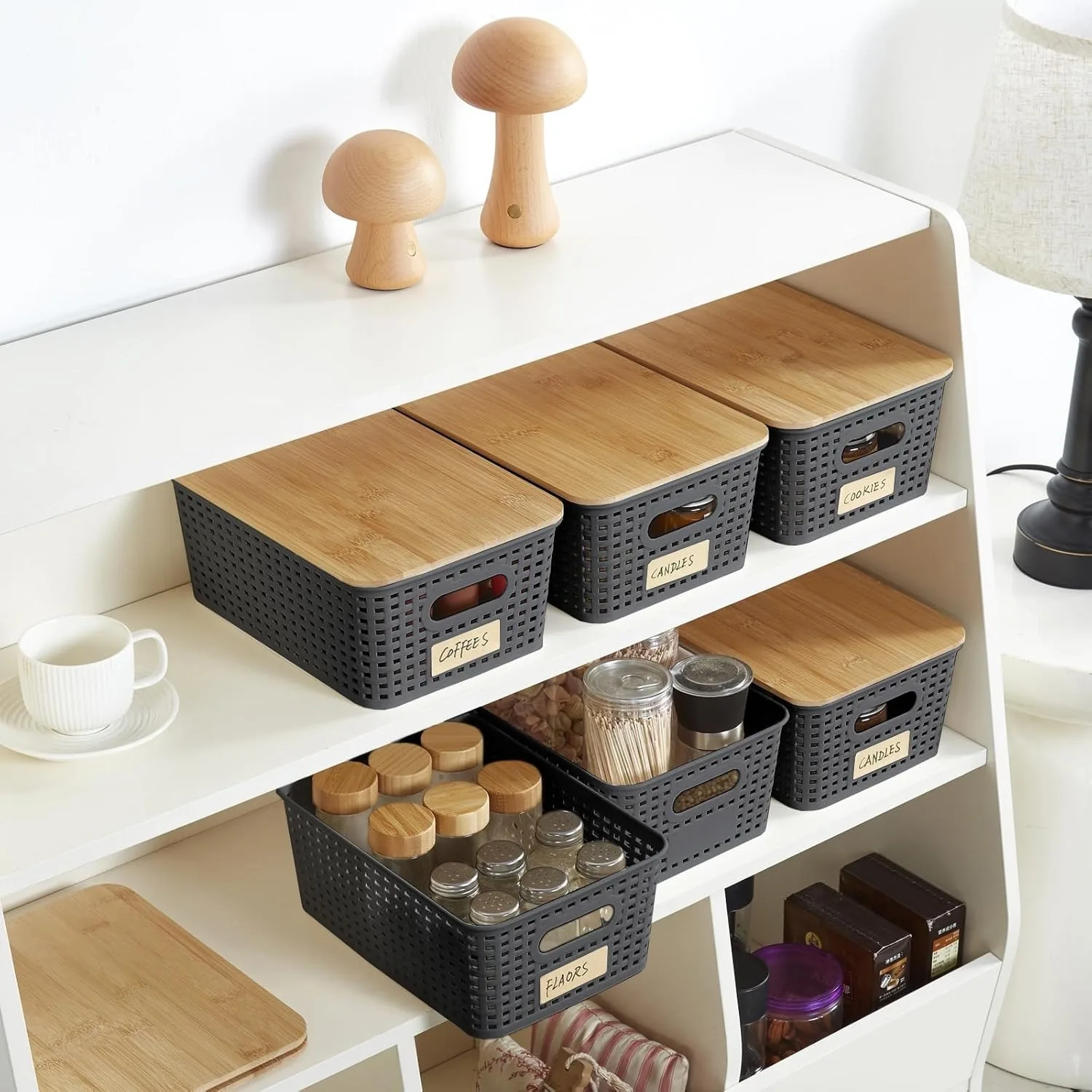 Small Plastic Storage Bins w/ Bamboo Lids 5.2qt Stackable Box Basket Decorative for Organizing Desktop Closet Office of 6 packs 5