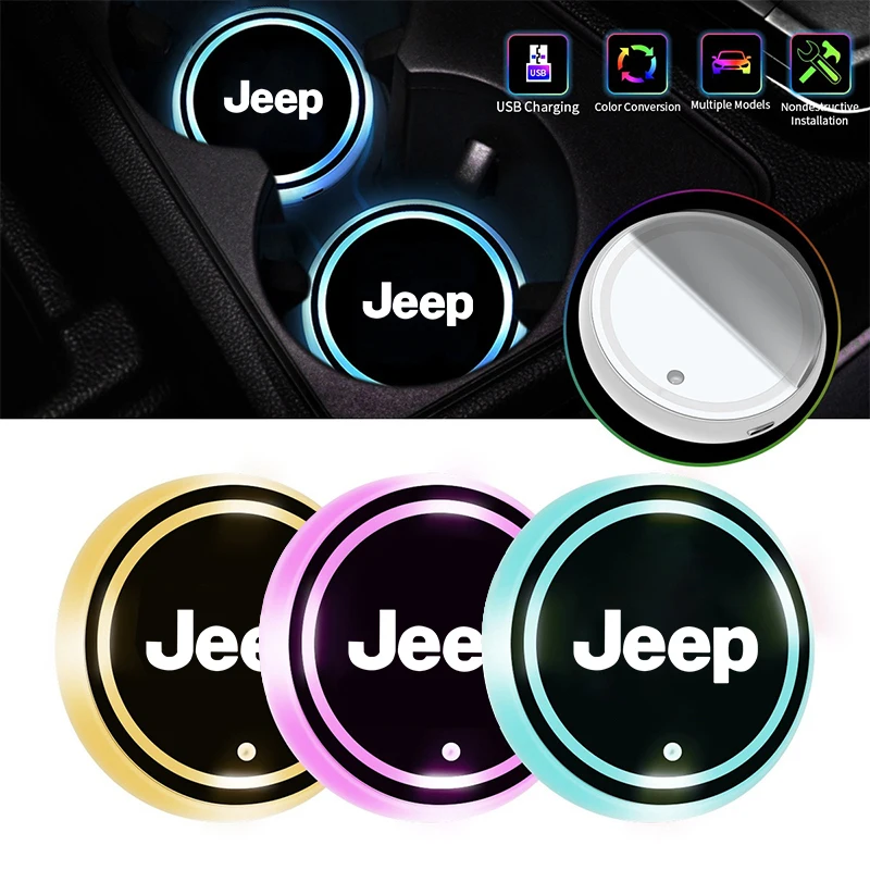 2PCS 멀티 컬러 LED 자동차 컵 코스터 지프 글래디에이터 레니게이드 컴패스 랭글러용 미끄럼 방지 장식 패드