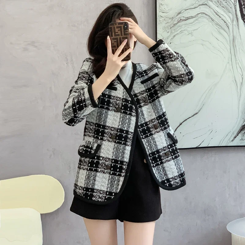 High-End Graceful Blazers Coats for Socialite Women Plaid Stylish Clothing 2023 Autumn Winter Business Jackets Fashional Suit
