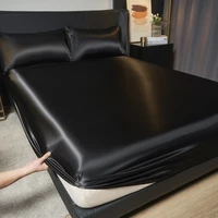 Solid Color Satin Bed Fitted Sheet and Pillowcase Set - Premium Fitted Sheet with 35cm Drop, Includes 2 Pillow Cases 2