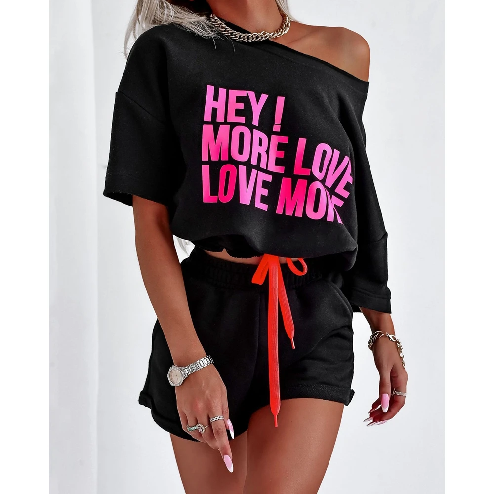 Summer Casual Two-Pieces Suit Sets Summer Outfits Women Letter Print Short Sleeve Buttoned Top & Drawstring Shorts Set Clothing