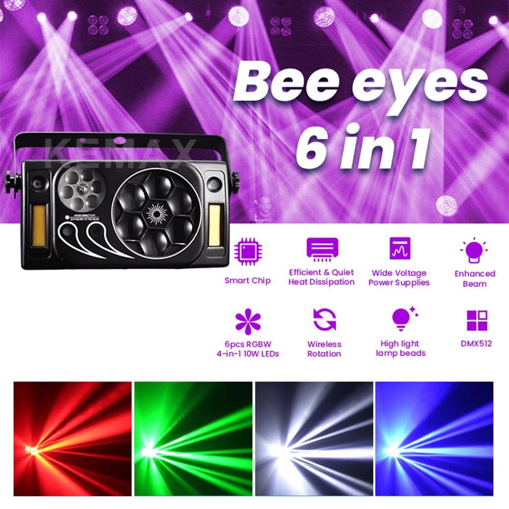 Attrezzatura per DJ 80W 6in1 Bee Eye Luci da discoteca per feste Fascio DMX Laser Strobe Gobo RGBW Controllo del suono Luce ad effetto scenico per Natale - immagine 2