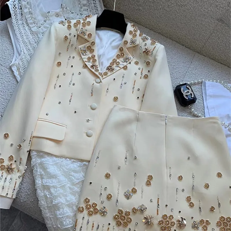 

New Spring Women's Sexy 2 Piece Set Luxury Sequins Studded With Diamond Long Sleeves Beads Flower Suit Coat High Waist Skirt