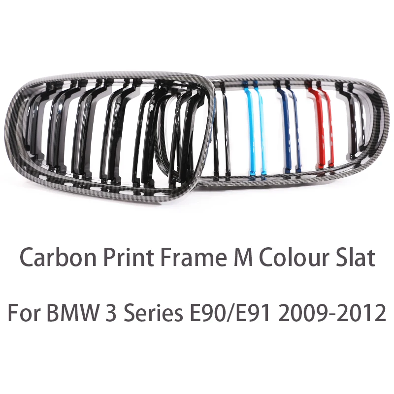 Carbon Fiber Print Grille Kidney Grill - Gloss Black & Chrome Silver Double Slat with M Color Accent