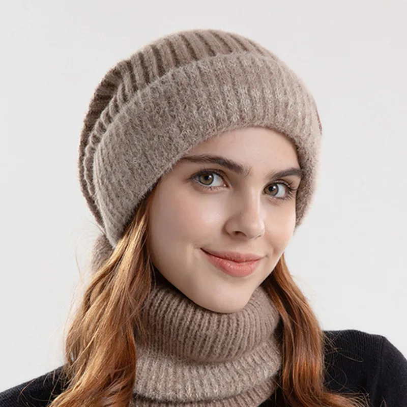 Winter Beanies Snood Sets Two Color Knitted Hat Female Casual Outdoor Balaclava Thicken Soft Warm Fur Scarf Cap Hats For_voghion.com