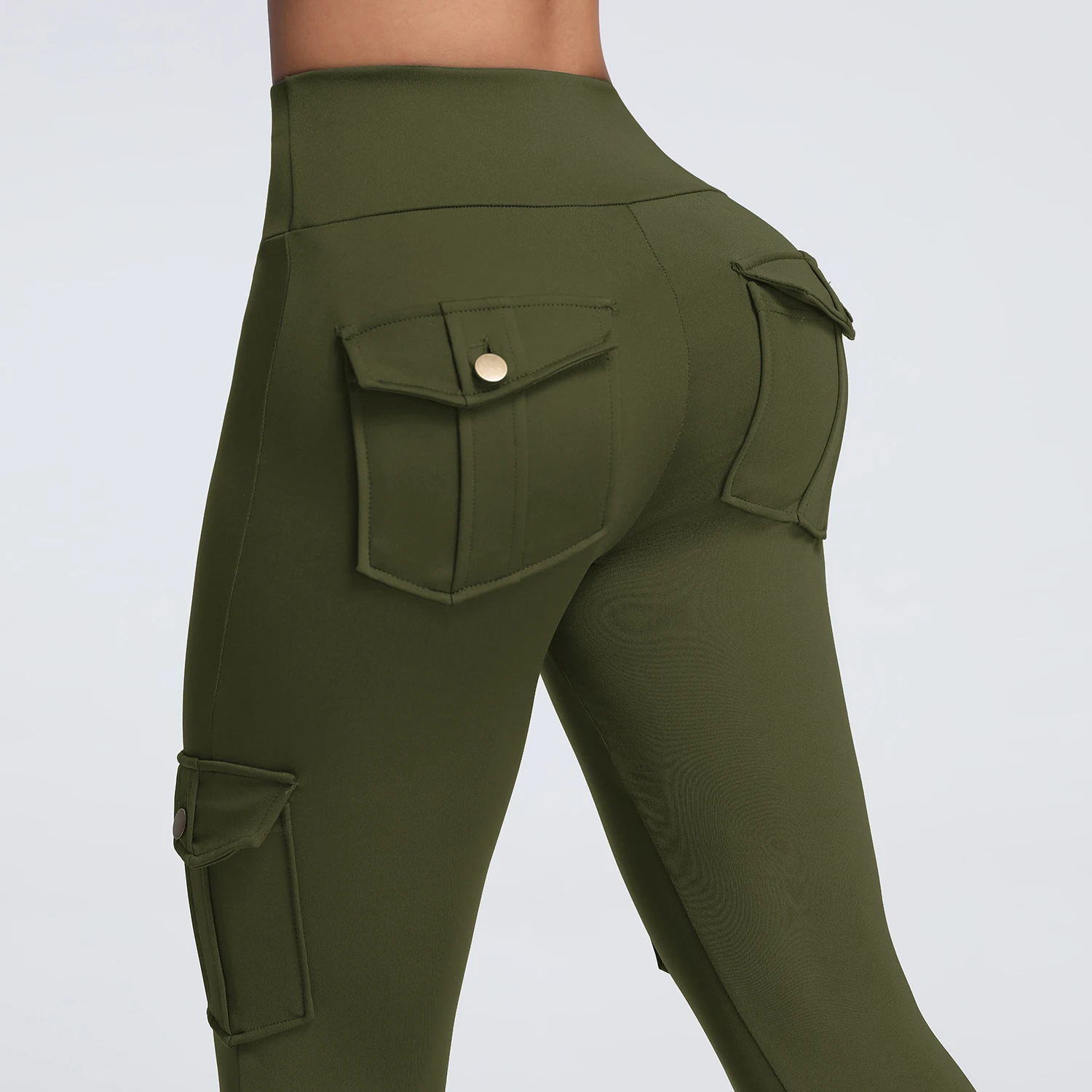 Cargo Style Fitness Pants Women's Sports Tight Leggings With Pocket Stretch High Waist Peach Hip Trousers StreetWear 1