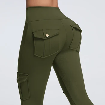 Cargo Style Fitness Pants Women's Sports Tight Leggings With Pocket Stretch High Waist Peach Hip Trousers StreetWear 1
