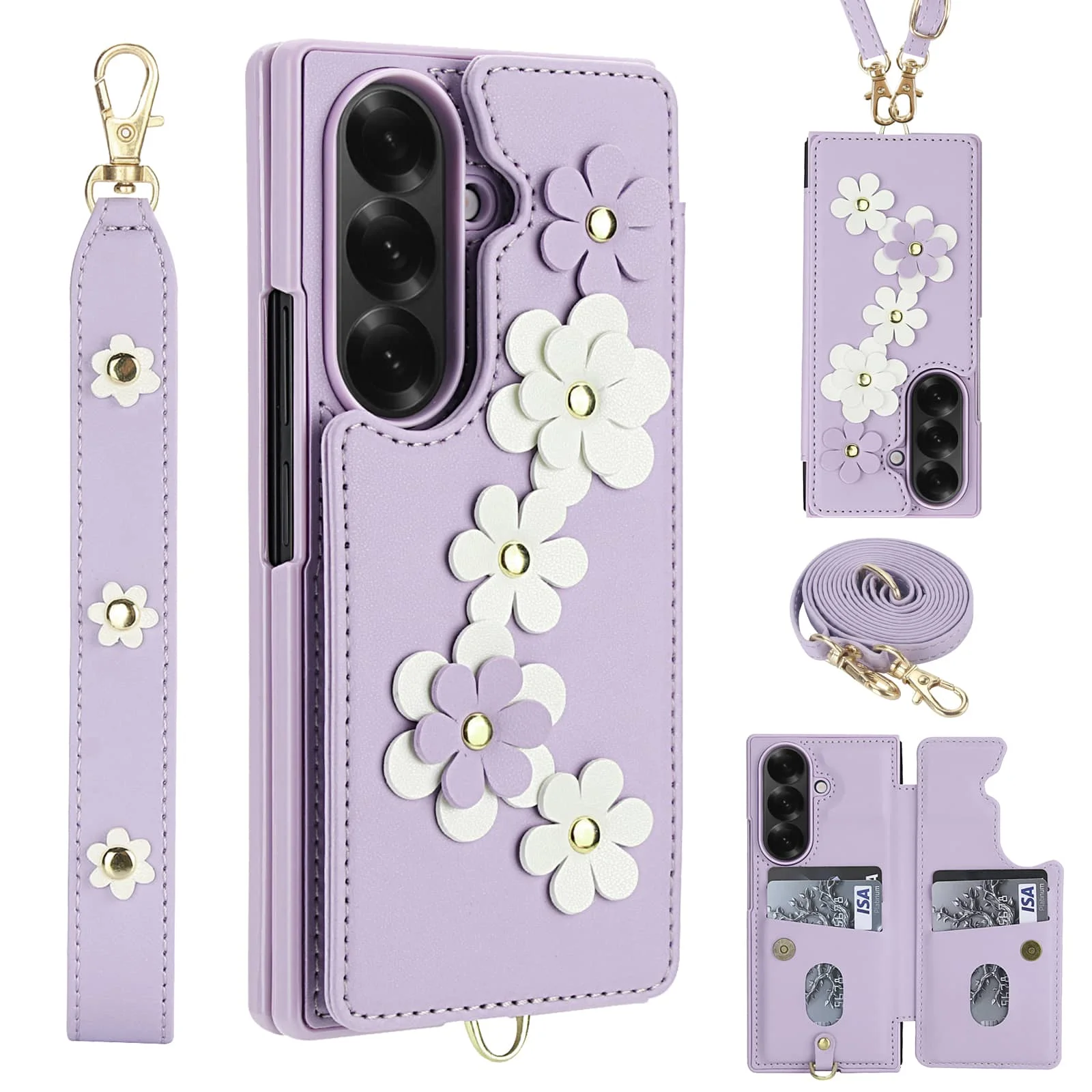 Floral Crossbody Wallet Phone Case with Card Holder & Magnetic Kickstand - Shockproof Design
