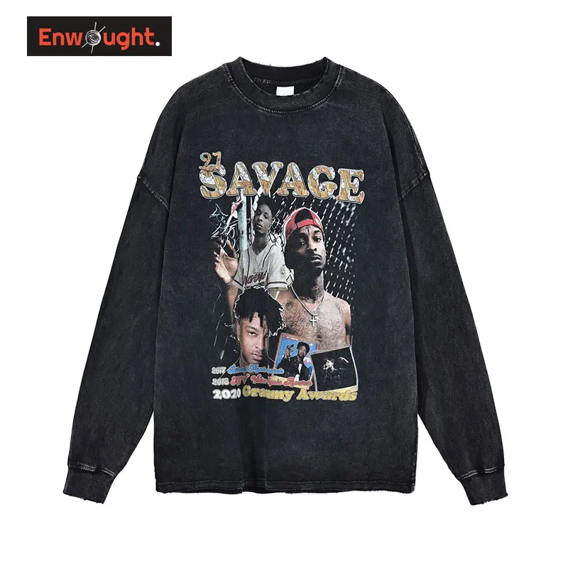 

21 Savage Pattern T-shirts Hip Hop Streetwear Retro Oversized Pullover Fashion Long Sleeve Tops Tees y2k Sweatshirts 100% Cotton