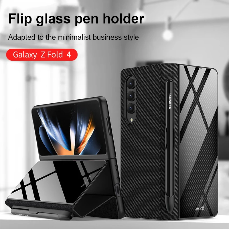 

Кожаный чехол-накладка из закаленного стекла для Samsung Galaxy Z, Складывающийся 4 раза, с 3 боковыми слотами для ручки, дизайнерский чехол для телефона Galaxy Fold3 Fold4 5G