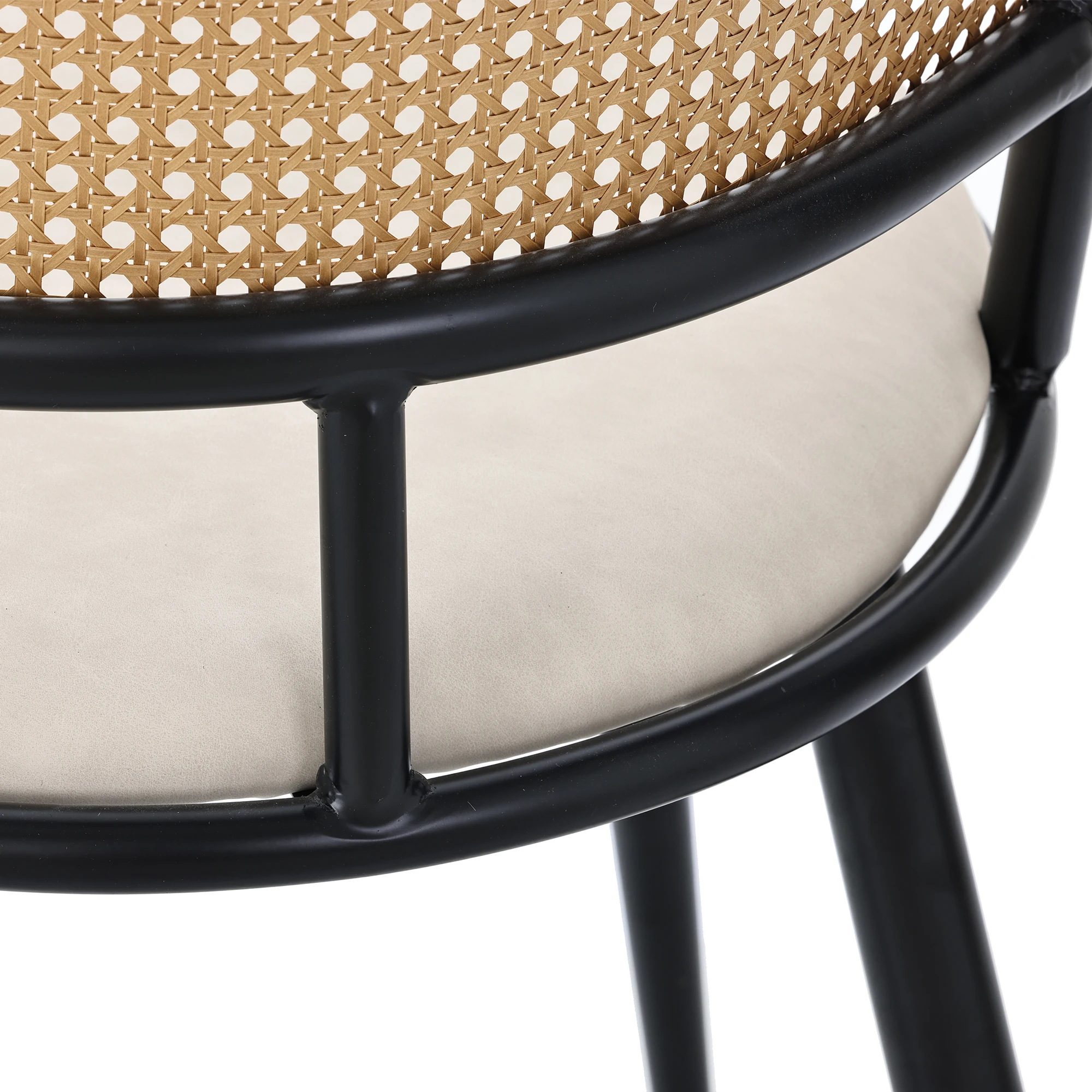 Schwarze Esszimmerstühle mit PU-Sitz und Rattan-Rückenlehne, ideal für Wohnzimmer oder Schlafzimmer. – Detail 15