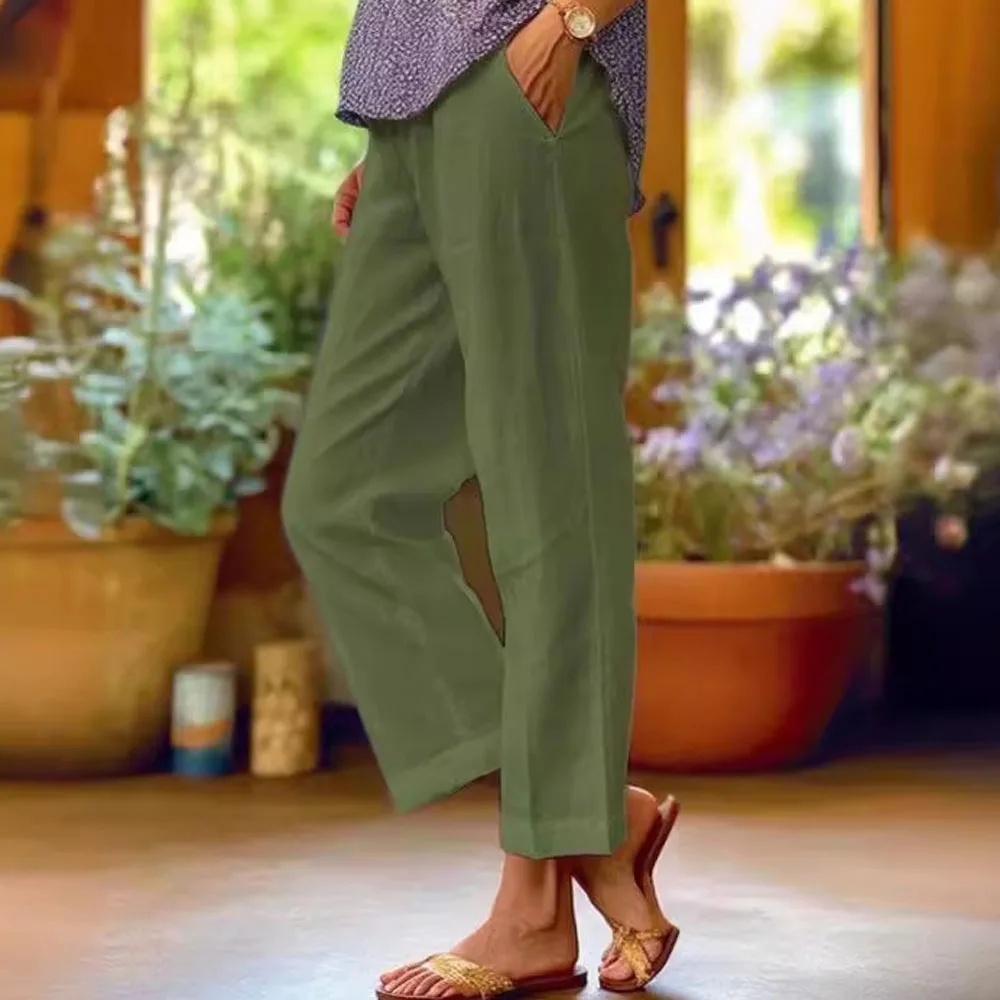 Women Cotton Linen Summer Pants Elastic Waist Wide Leg