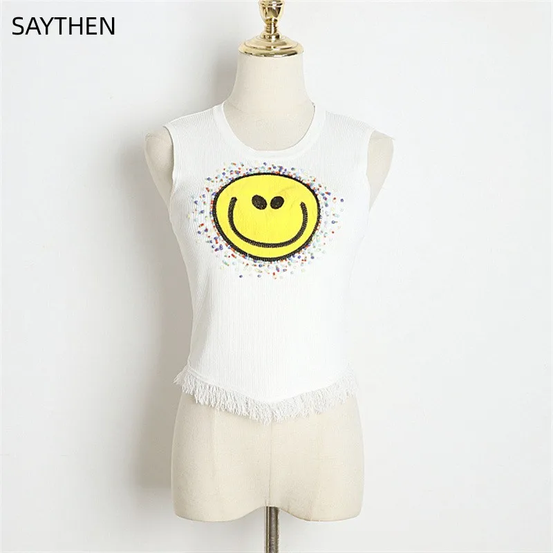 

SAYTHEN Embroidered Smiling Face Ice Silk Vest 2023 Women Summer Fashion Street Style Pin Bead Slim Fit Tassel Knitted Tank Top
