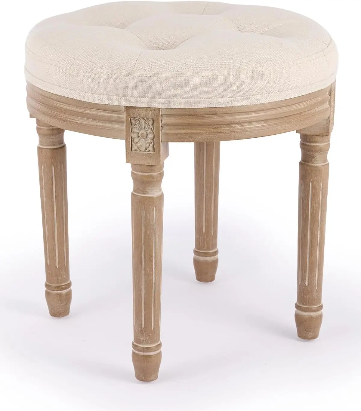 Vintage Round Brushed Wood Stool with Diamond Tufting, 18-Inch