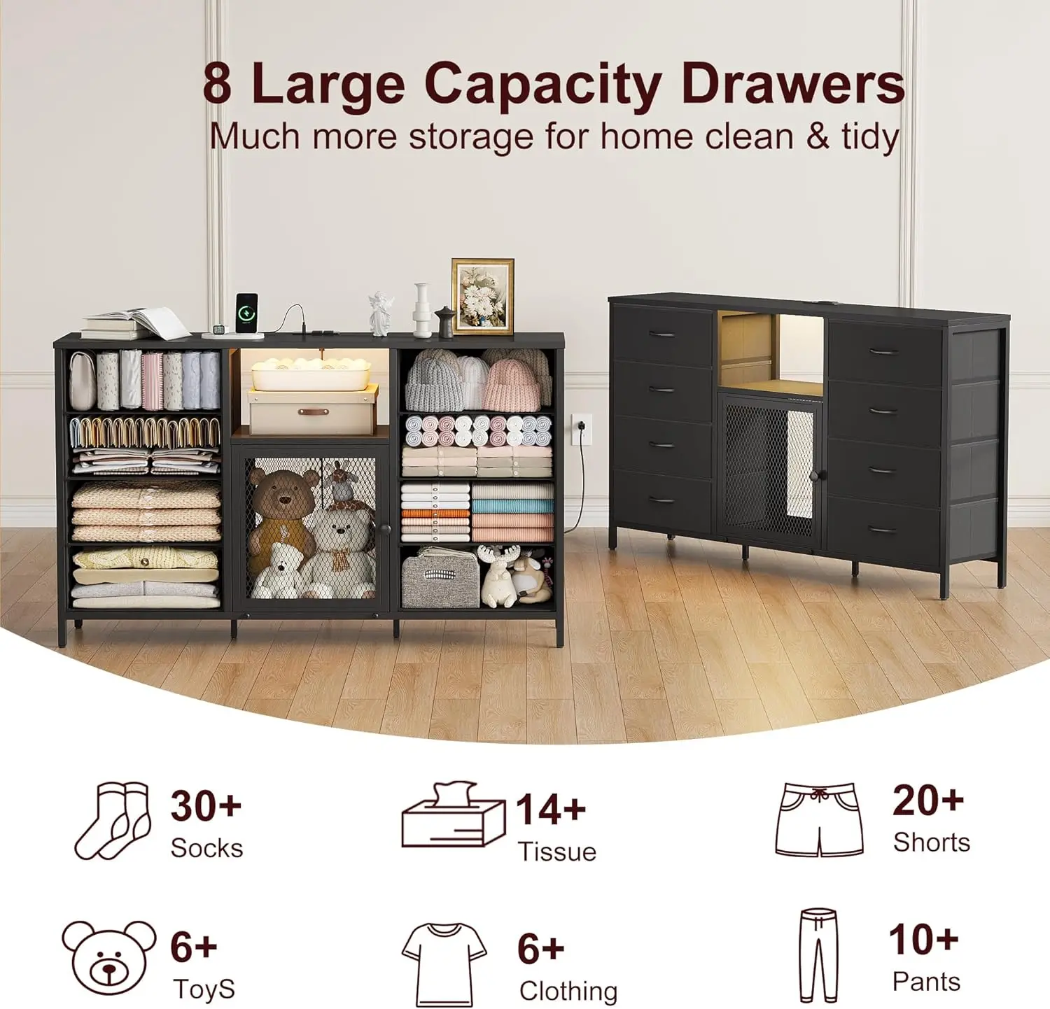 TV Stand for 65" TVs with LED Lights & Charging Station, 8 Fabric Drawers, Wood Top, Bedroom/Living Room Closet – Black