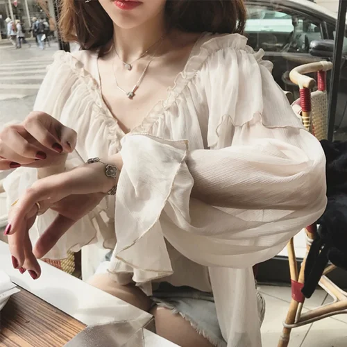여성용 v-넥 섹시한 셔츠, 보헤미안 메쉬 블라우스, 여름용 프릴 플레어 슬리브, 우아한 페플럼 탑, 프릴, 블라우스, 13459 년 상품 2
