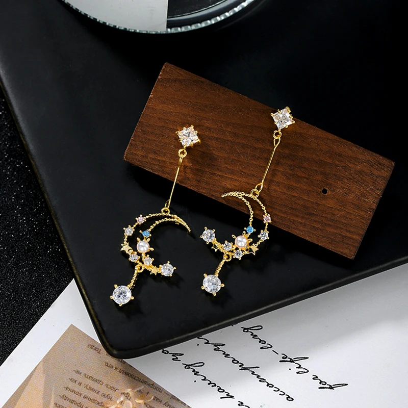 

New Popular Design 14K Real Gold Pearl Crystal Moon Drop Earrings for Women Charm Jewelry S925 Silver Needle AAA Zircon Party