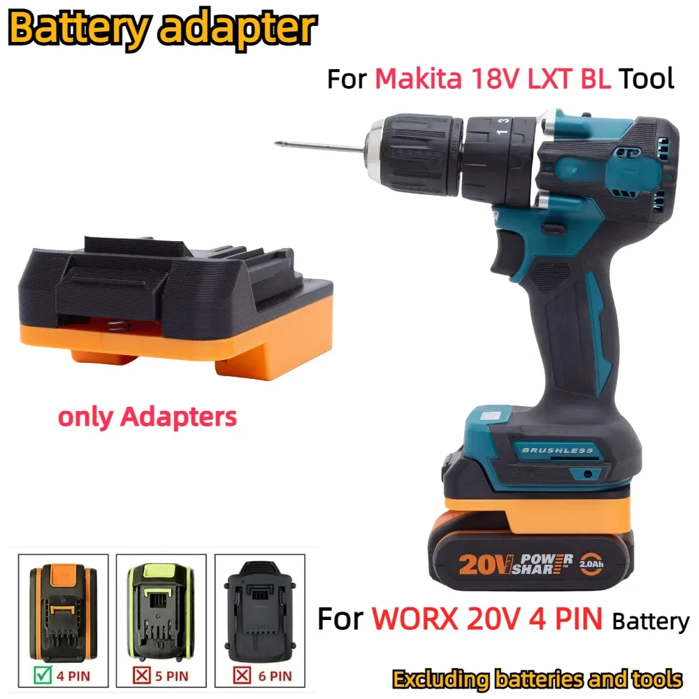 WORX 리튬 이온 배터리 시리즈용 배터리 어댑터 컨버터, 마키타 18V LXT BL 무선 전동 공구, 어댑터 전용, 20V, 4 핀