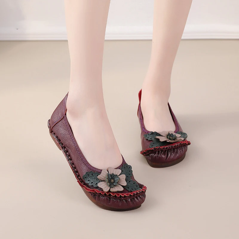 2024 Summer Flats Concise Handmade Leather Moccasins Women Shoes Ethnic Style Genuine Leather Flower Loafer Shoes For Mothers ﻿