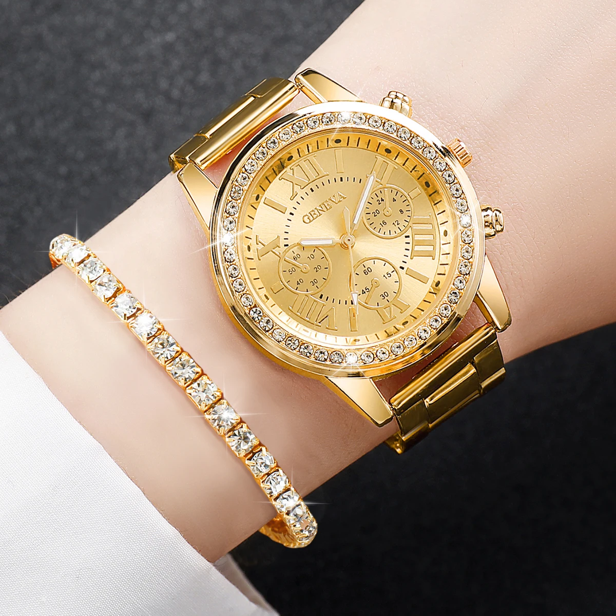 6PCS/Set Fashion Women Watch Roma Dial Ladies Steel Band Quartz Watches Jewelry Set（Without Box） 3
