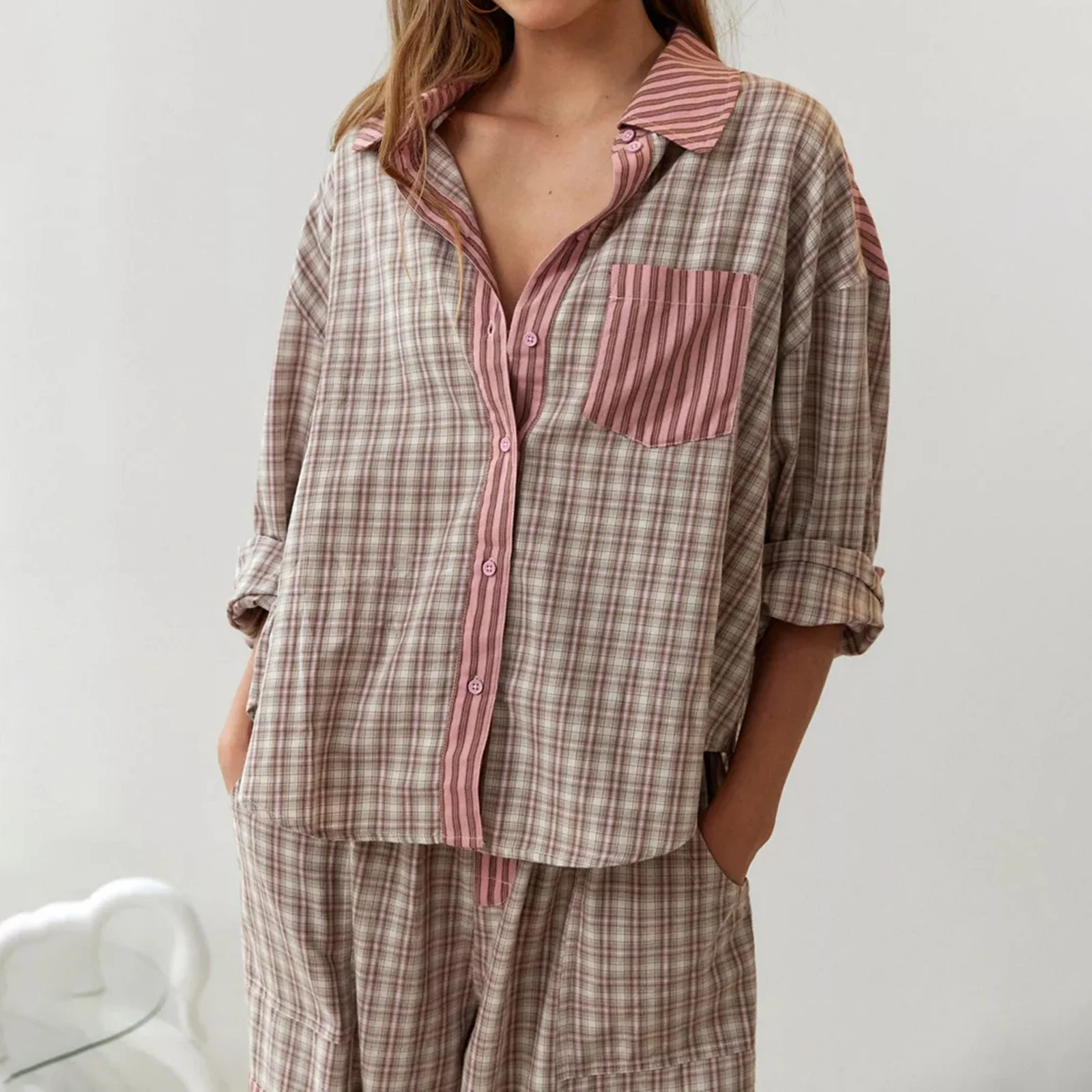 

New Casual 2 Piece Women Spliced Pajama Top Plaid Long Sleeve Button Closure Shirt with Elastic Waist Pants Sleepwear Loungewear