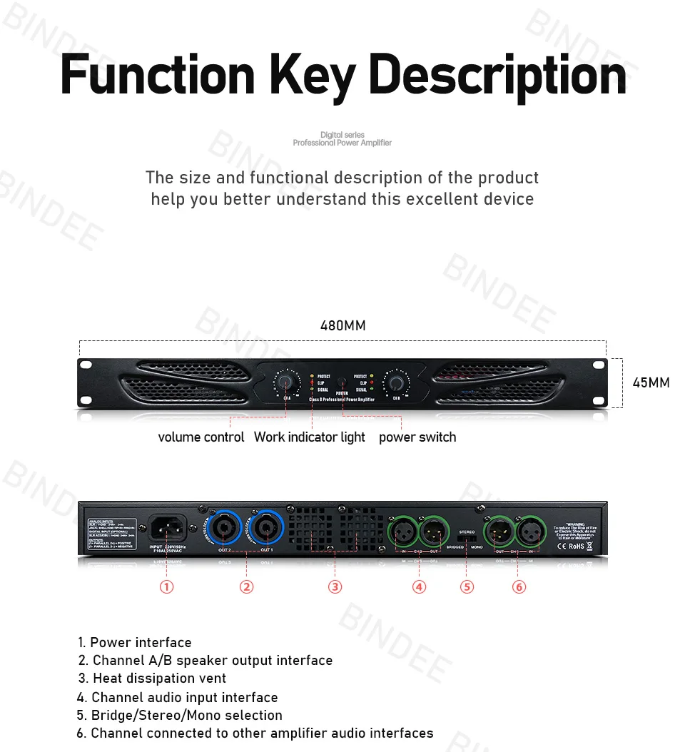 Slim 1U 2-channel professional digital power amplifier for stage performance conference school home karaoke outdoor amplifier