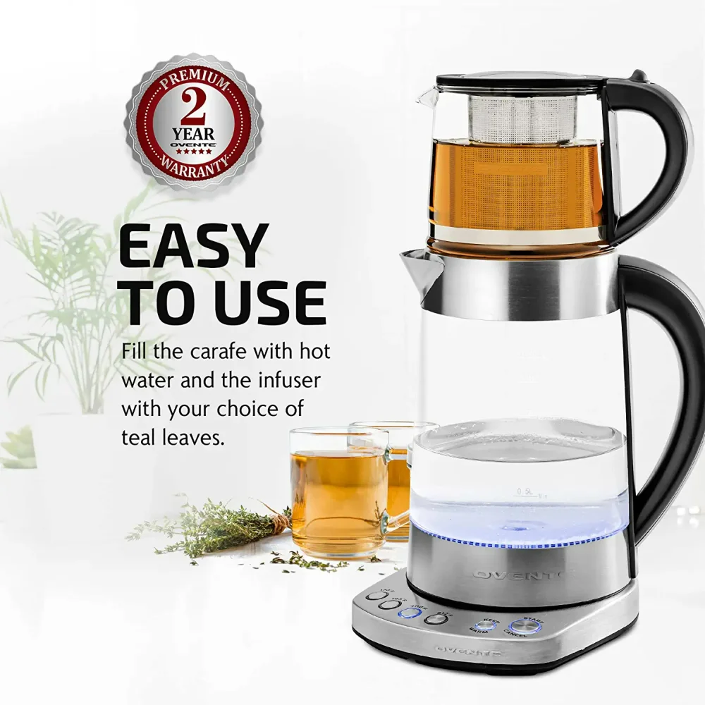 Ovente Electric Hot Water Glass Kettle 1.5 Liter Borosilicate Glass with  ProntoFill Technology 1500 Watt Tea