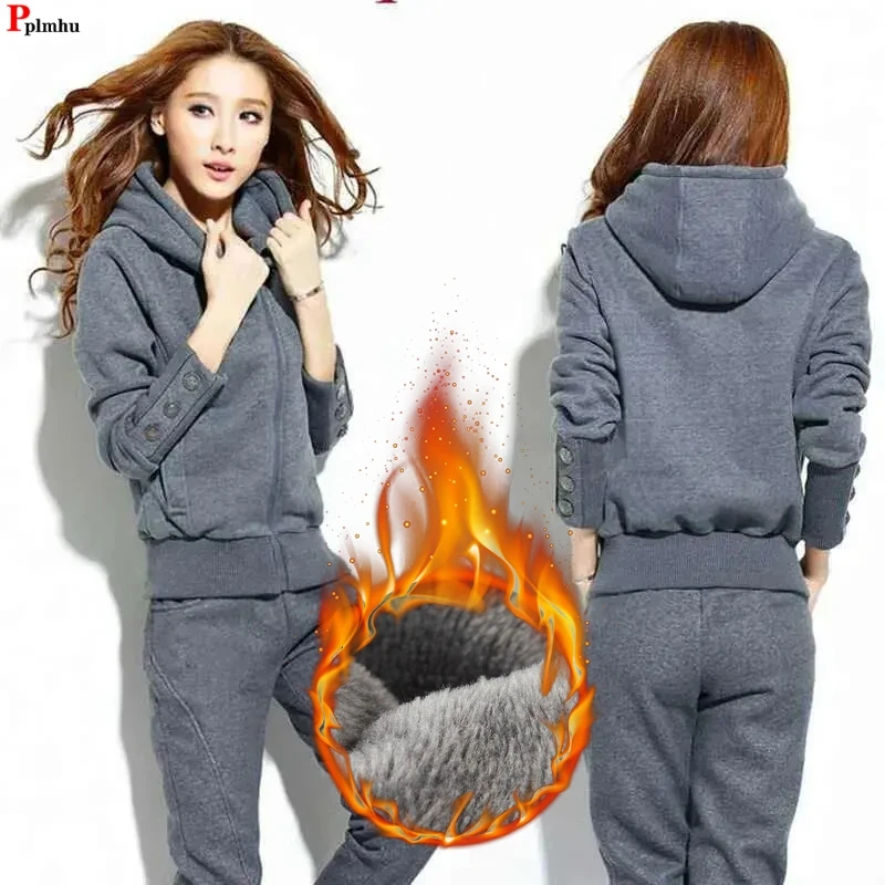 Winter 2 Pieces Sets Hooded Plush Slim Top Tracksuit High Waist Baggy Thick Straight Pants Suits Korean Oversize 80kg Outfit new men tracksuit spring autumn two pieces sets oversize outfits hooded sweatshirts trouser solid sportswear women warm suits