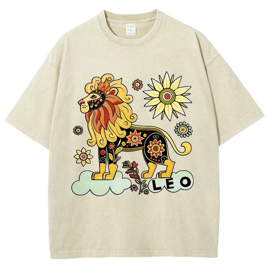 

Constellation Y2K Washed Tshirt, Leo Cartoon Lion Starry SkyA2, Oversized Streetwear Vintage Washed Short T-shirts For Men Women