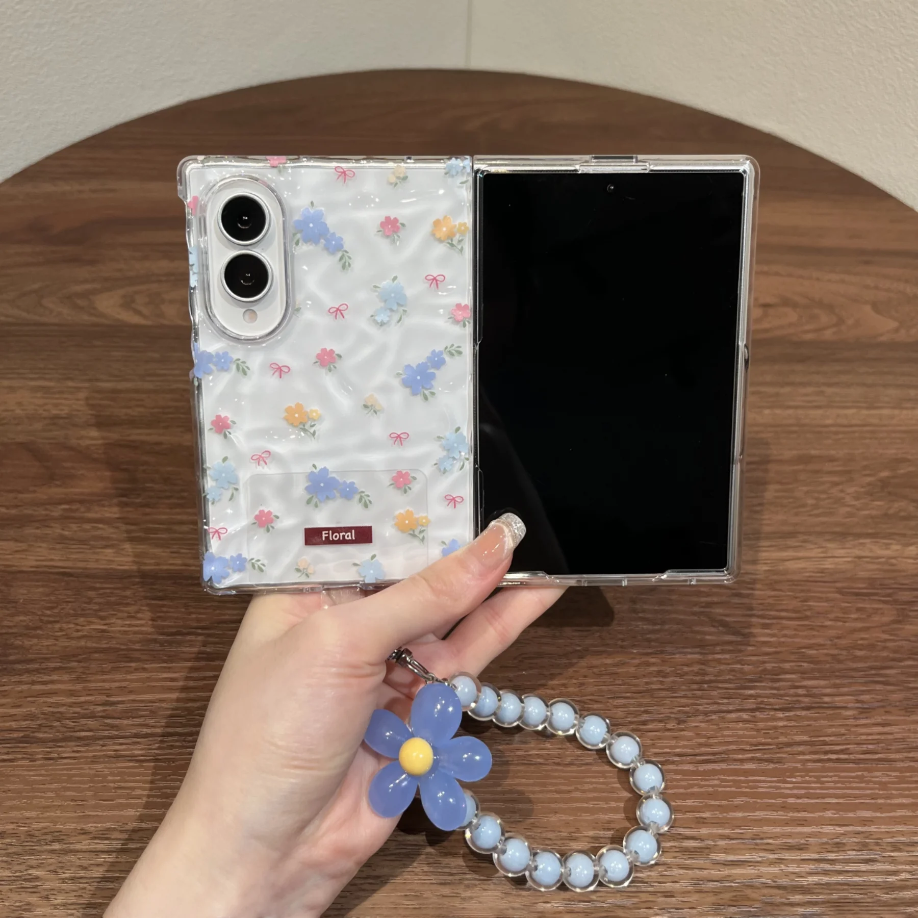 Cute Blue Pink Florals Wrinkle Clear Case with Flower Chain