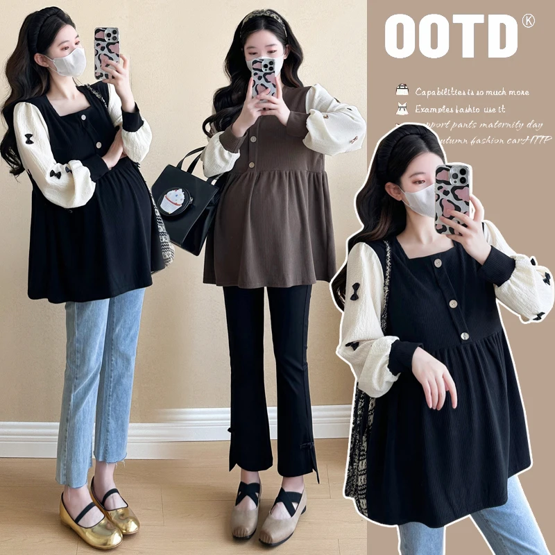Autumn Winter Sweet Fashion Shirts for Maternity Elegant A Line Loose Blouse for Pregnant Women Patchwork Pregnancy Tops