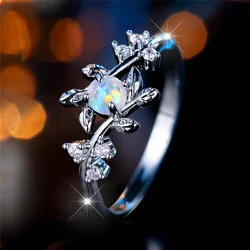 Elegant White Fire Opal Leaf Ring in Silver - Perfect Gift - 8 (Silver Color)