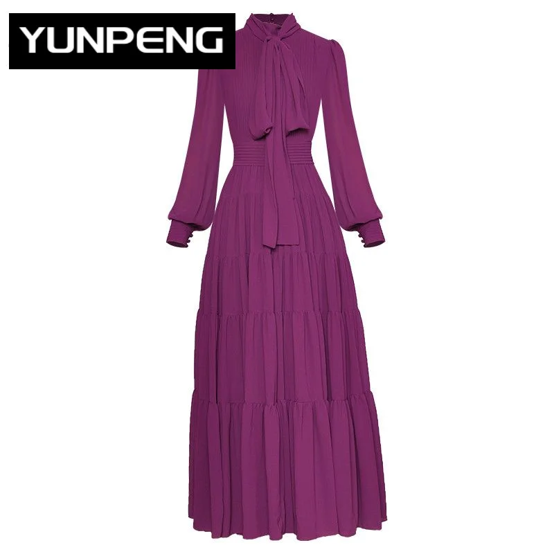 

Dresses For Women 2023 Luxury Designer Runway Elegant Autumn Bow Collar Long Lantern Sleeve Purple Elegant Pleated Party Dress