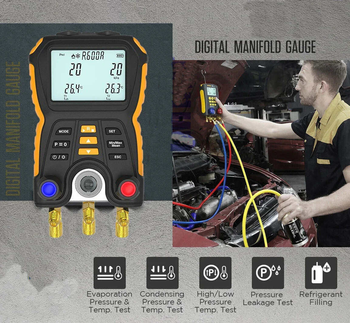 HTI New HT-750 Digital Pressure Gauge Refrigeration Vacuum Manifold Tester Refr