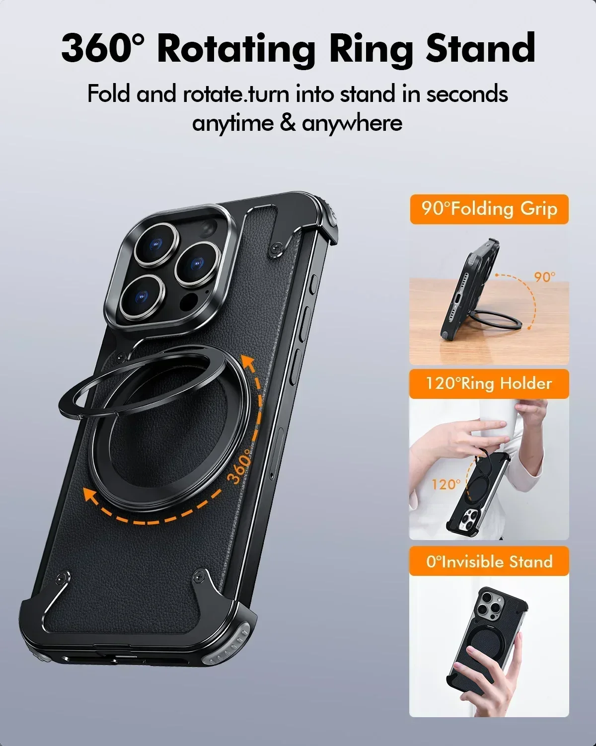 Eary for iPhone 17 16 15 Pro Max Phone Case with Magsafe Kickstand 360°Rotatable Stand Leather Shells Frameless Shockproof Cover