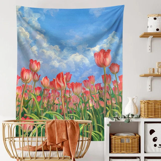 Rózsaszín Tulipán Virágok Gobelin Fali Függő Kerti Virágkocsogáru Szőnyegek - Image 5