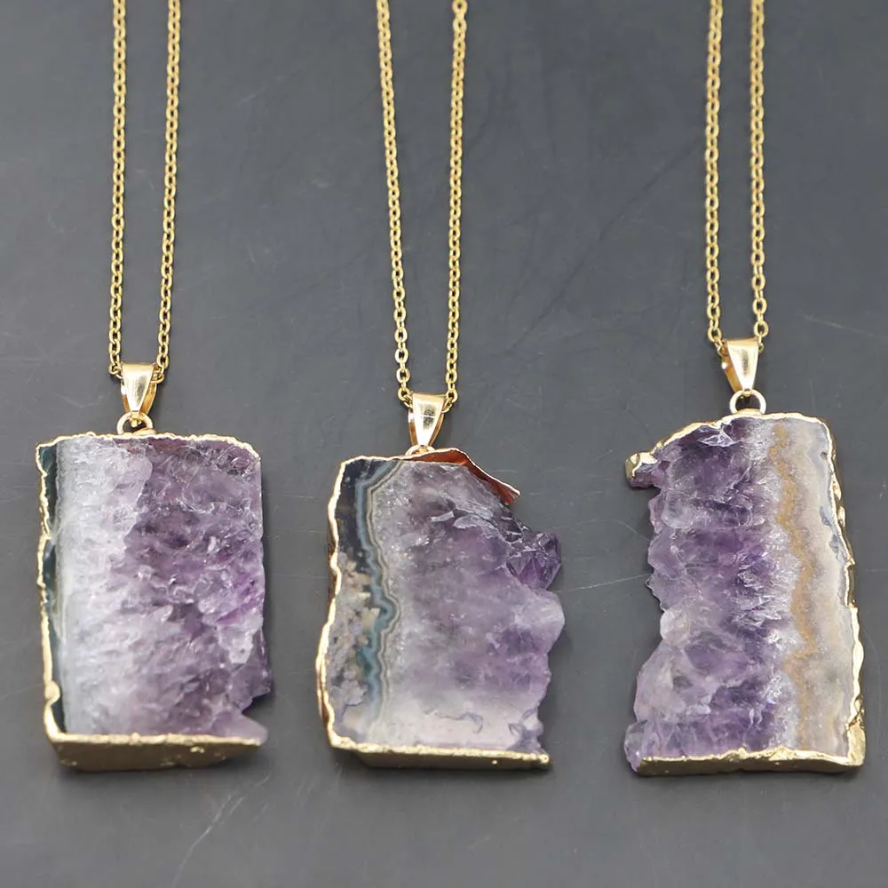 Selling Natural Stone Irregular Necklace Pendant Uruguay Amethyst Phnom Penh Energy Healing Gemstone Chakra Halo Fashion Jewelry